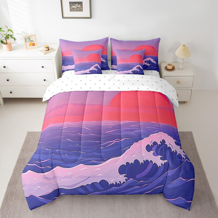 Feelyou Japanese Wave Bed Set Boys Girls for Kids Women Men Twin Size Ocean Wave 7 Pieces Beeding Set Ultra Soft Sunset Bed in a Bag with Comforter, Sheets, Pillowcases Sea Waves Room Decor Bird