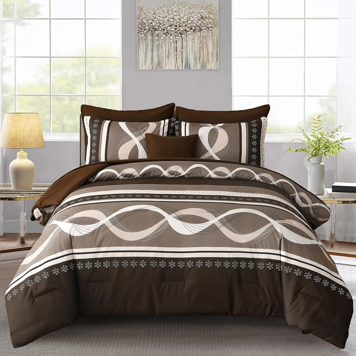 Anibedding Black Comforter Set Queen Size,8 Pieces Boho Bed in a Bag Patchwork Striped Comforter Set, Soft Microfiber Bedding Set for All Season(90"×90")