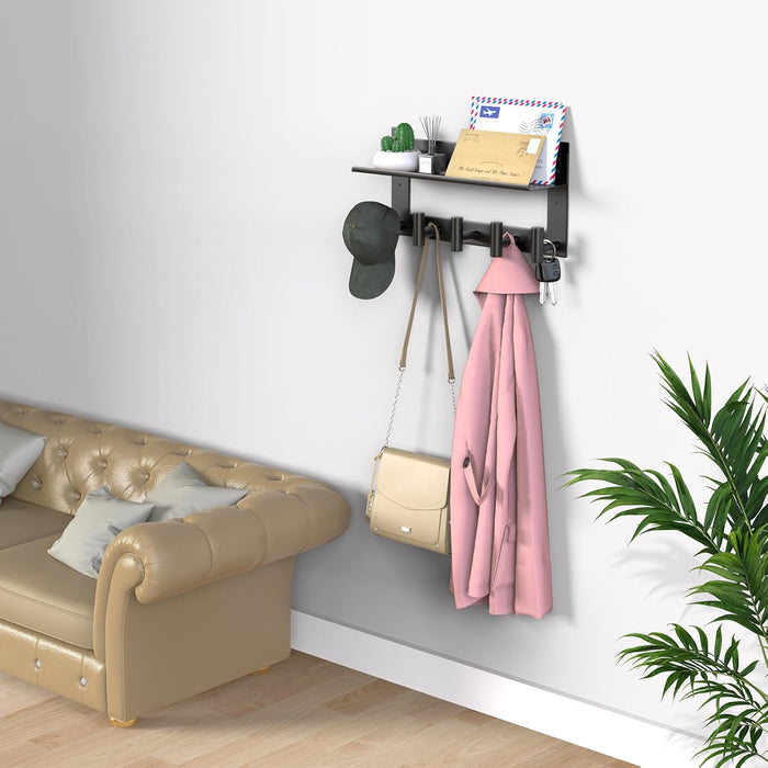 VAEHOLD Wall-mounted Coat Rack with Shelf Wall Hooks with Upper and Lower Double Storage Entryway Shelf with 5 Stainless Steel Hooks to Hang Clothes Towels Bathrobe Purse(Black)
