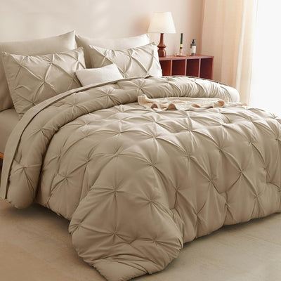 CozyLux Queen Comforter Set Taupe, 7 Pieces Pintuck Bed in A Bag, Premium Taupe Comforter Queen Size, Pinch Pleat Bedding Sets with Comforter, Sheets, Pillowcases & Shams