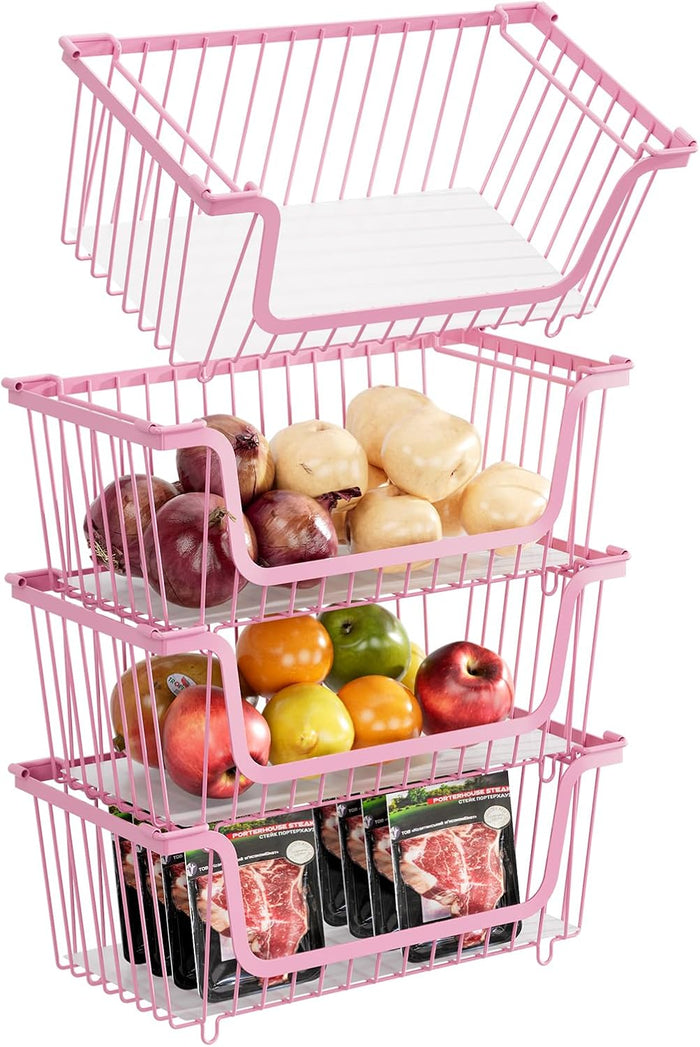 4 Pcs Stackable Wire Baskets for Pantry Organizers and Storage,Vegetable Fruit Basket for Countertop,Kitchen Storage Metal Baskets,Produce Potato Onion Storage Bin,Black