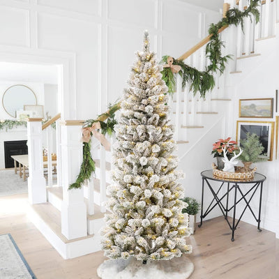 Glitzhome 7.5ft Pre-Lit Flocked Artificial Christmas Tree, Portland Snowy Pine Pencil Christmas Tree with 300 LED Lights, 9 Functional Warm White/Multi-Color, Remote Controller