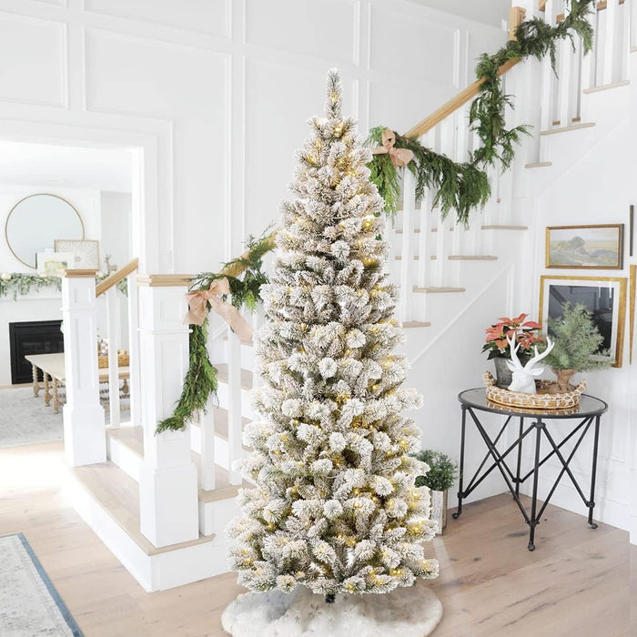 Glitzhome 7.5ft Pre-Lit Flocked Artificial Christmas Tree, Portland Snowy Pine Pencil Christmas Tree with 300 LED Lights, 9 Functional Warm White/Multi-Color, Remote Controller