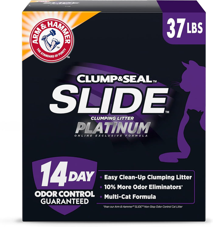 ARM & HAMMER Clump & Seal SLIDE Platinum Multi-Cat Clumping Cat Litter, 14-Day Odor Control, EZ Clean Technology, 18 lbs – No Scrubbing, Powerful Odor Eliminator