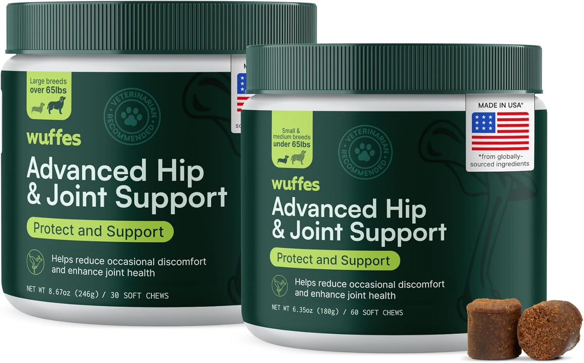 Wuffes Advanced Dog Hip and Joint Supplement with Glucosamine, Chondroitin, Omega 3, MSM, and Green Lipped Mussel, 60 Pork Flavored Chews for Small and Medium Dog Breeds