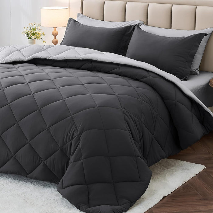 MUXHOMO 7 Pieces Full Comforter Set, Reversible Bed in a Bag Full Size, All Season Bedding Set with Comforter, Flat Sheet, Fitted Sheet, Pillowcases & Shams, Red & Black