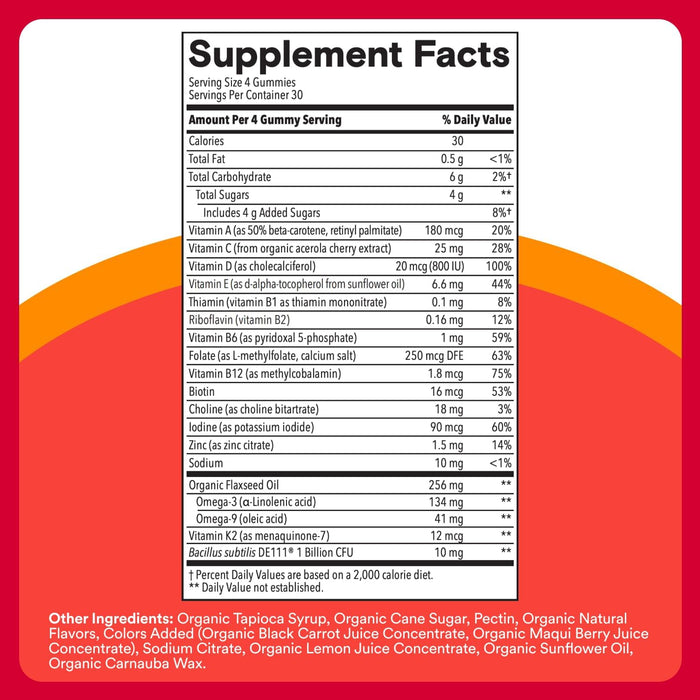 SmartyPants Organic Kids Multivitamin Gummies: Probiotics, Omega 3 (ALA), Vitamin D3, C, Vitamin B12, B6, A, K & Zinc for Immune Support, Biotin, Three Fruit Flavors, 120 Count (30 Day Supply)