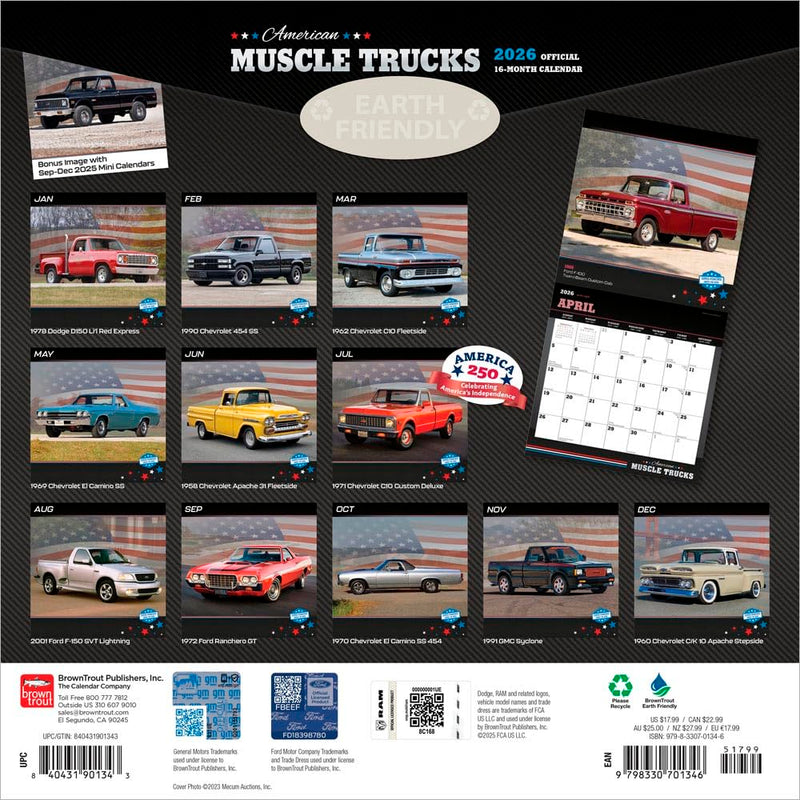 American Muscle Trucks OFFICIAL | 2026 12 x 24 Inch (Hanging) Monthly Square Wall Calendar | Foil Stamped Cover | Plastic-Free | BrownTrout | USA Motor Ford Chevrolet Dodge GMC