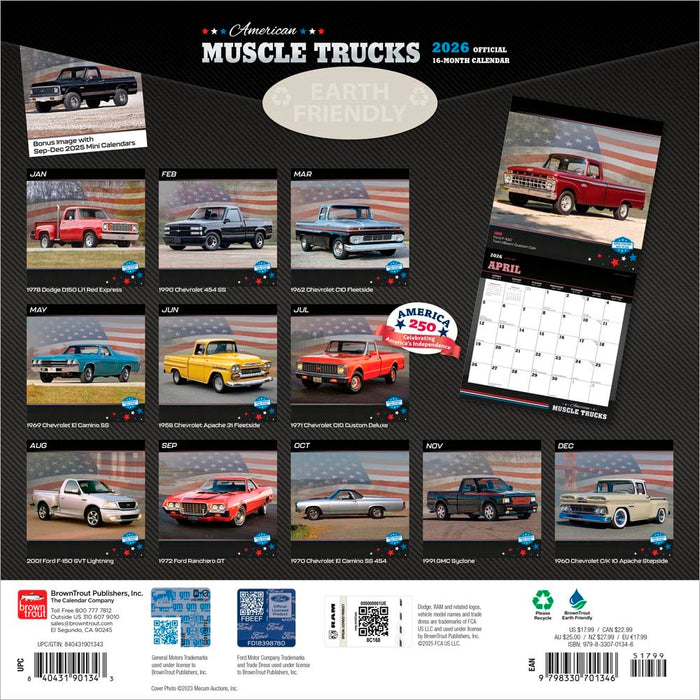 American Muscle Trucks OFFICIAL | 2026 12 x 24 Inch (Hanging) Monthly Square Wall Calendar | Foil Stamped Cover | Plastic-Free | BrownTrout | USA Motor Ford Chevrolet Dodge GMC