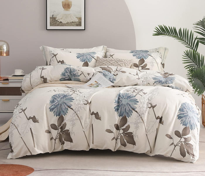 SLEEPBELLA Cotton King Size Comforter, 600 Thread Count Cotton Brown Branches and Blue Flowers Off-White Comforter Sets, Down Alternative Bedding Set 3Pcs(King, Off-White Botanical)
