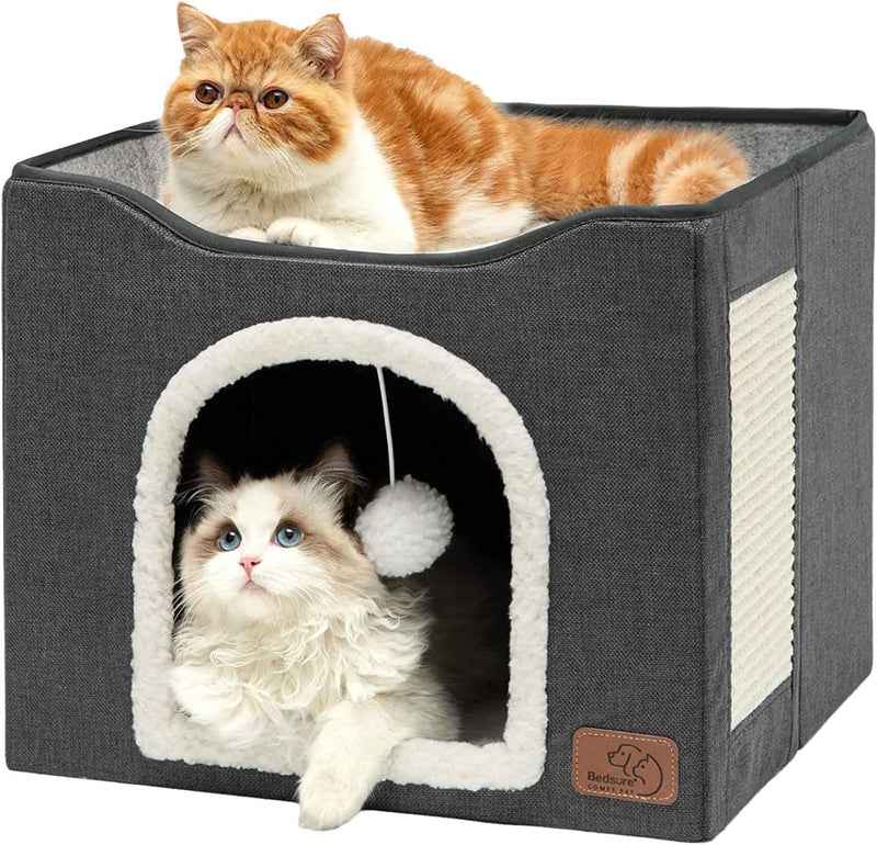 Bedsure Cat Beds for Indoor Cats - Large Cat Cave for Pet Cat House with Fluffy Ball Hanging and Scratch Pad, Foldable Cat Hideaway, 16.5x16.5x13 inches, Grey