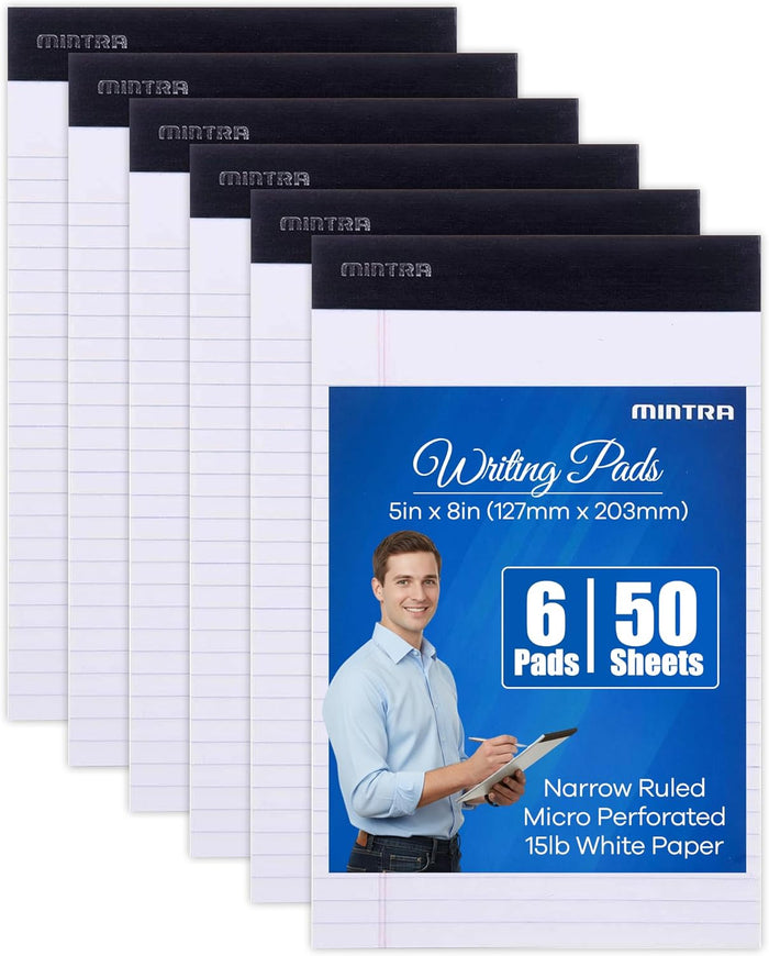 Mintra Office Legal Writing Pads – White Narrow Ruled Paper for Writing & Note-Taking – Ideal Notepads for Business, College, School & Office Use – 8.5" x 11" (6 Pack)