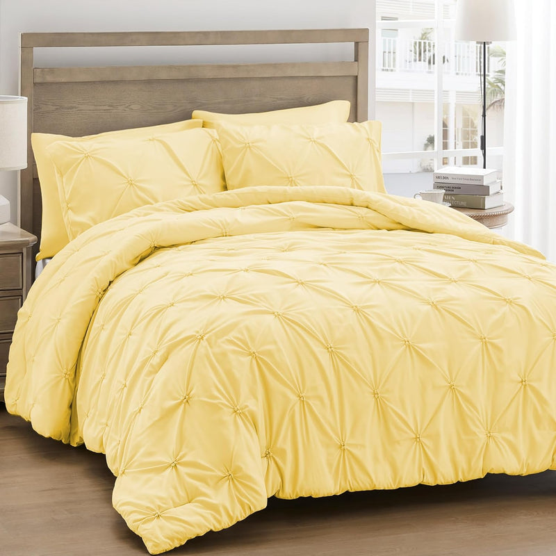 UNIKOME Queen Comforter Set White - Ultra Soft Boho Pintuck Down Alternative Bedding Set for Winter, All Seasons, 3 Pieces Warm Pinch Pleat Solid Bed Set with Comforter, 2 Pillowcases