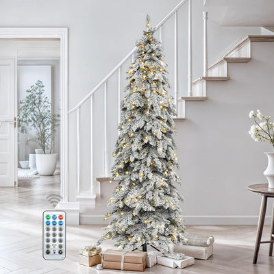 DWVO Pre-Lit Flocked Slender Spruce Artificial Christmas Tree Adorned with 51 Pine Cones, 7.5 FT Authentic Layered Christmas Tree with 350 Lights & 800 Branch Tips for Home Party with Remote Control
