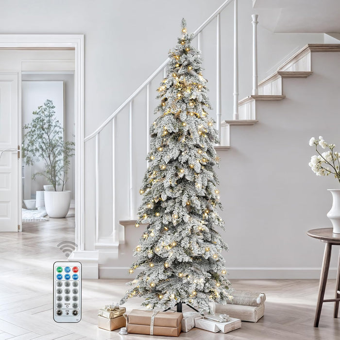 DWVO Pre-Lit Flocked Slender Spruce Artificial Christmas Tree Adorned with 51 Pine Cones, 7.5 FT Authentic Layered Christmas Tree with 350 Lights & 800 Branch Tips for Home Party with Remote Control