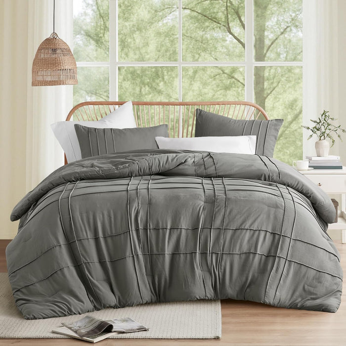 Comfort Spaces Cream Queen Size Comforter Set - 3 Pieces Pintuck Pleated Bedding Sets, All Season Lightweight, Extra Softness Pre-Washed Microfiber Queen Bed Set, Shams