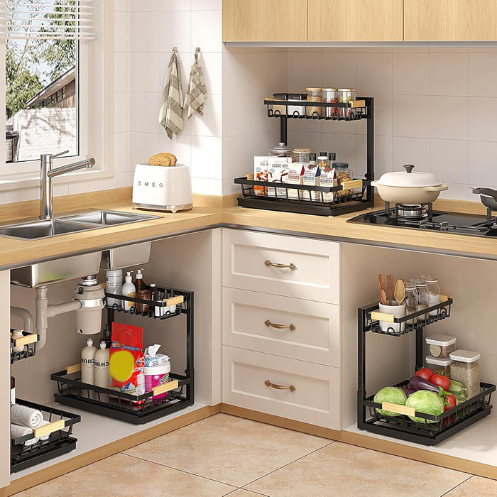2 Packs Under Sink Organizer, High Adjustable 2 Tier Under Kitchen sink organizer, Multi-Purpose Storage Shelf for Kitchen Bathroom Cabinet (Black)