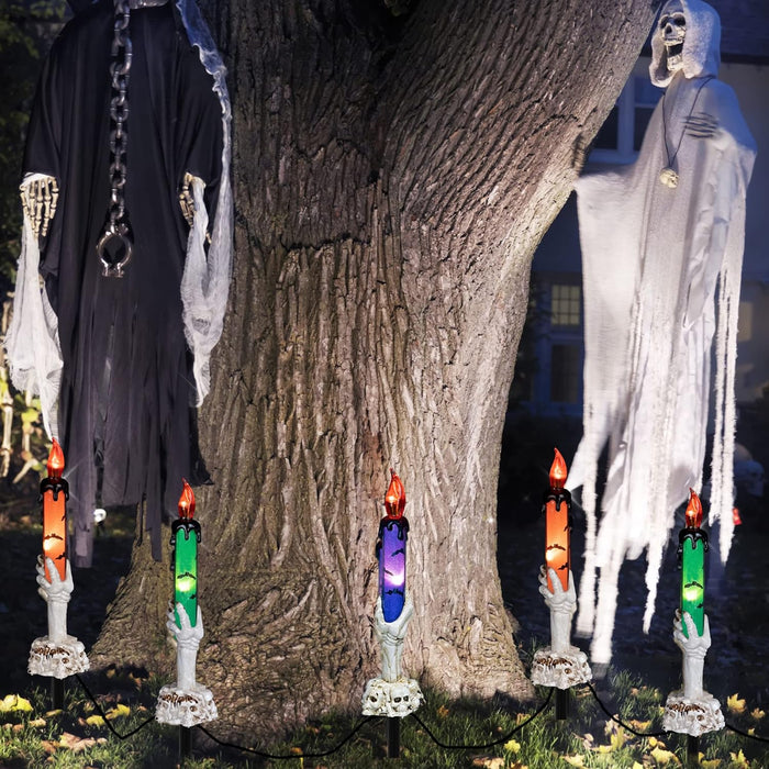 Dazzle Bright Halloween Decorations, 5 Pack Lighted Battery Operated Skeleton Hands Hold Candle with Stakes, Pathway Decor for Indoor Outdoor Party Home Garden