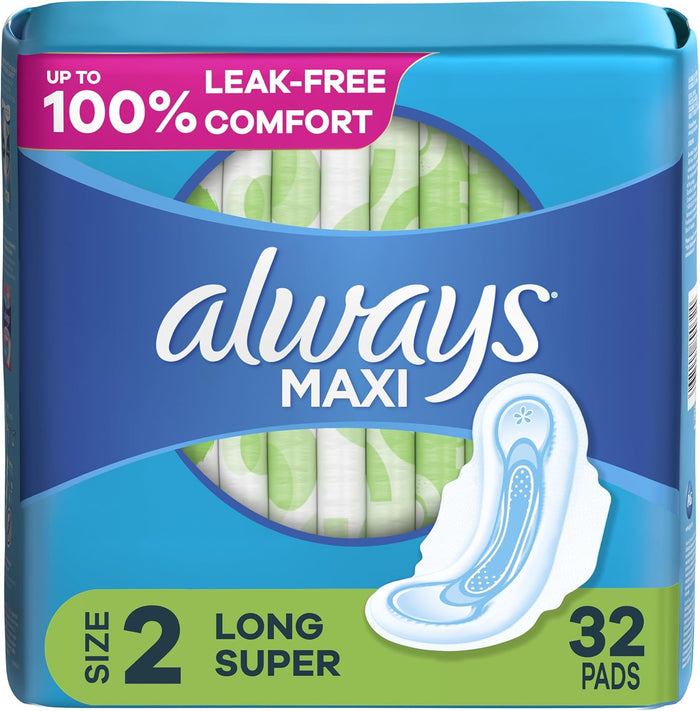 Always Maxi Feminine Pads with Wings for Women, Size 2, Long Super Absorbency, Unscented 60 Count