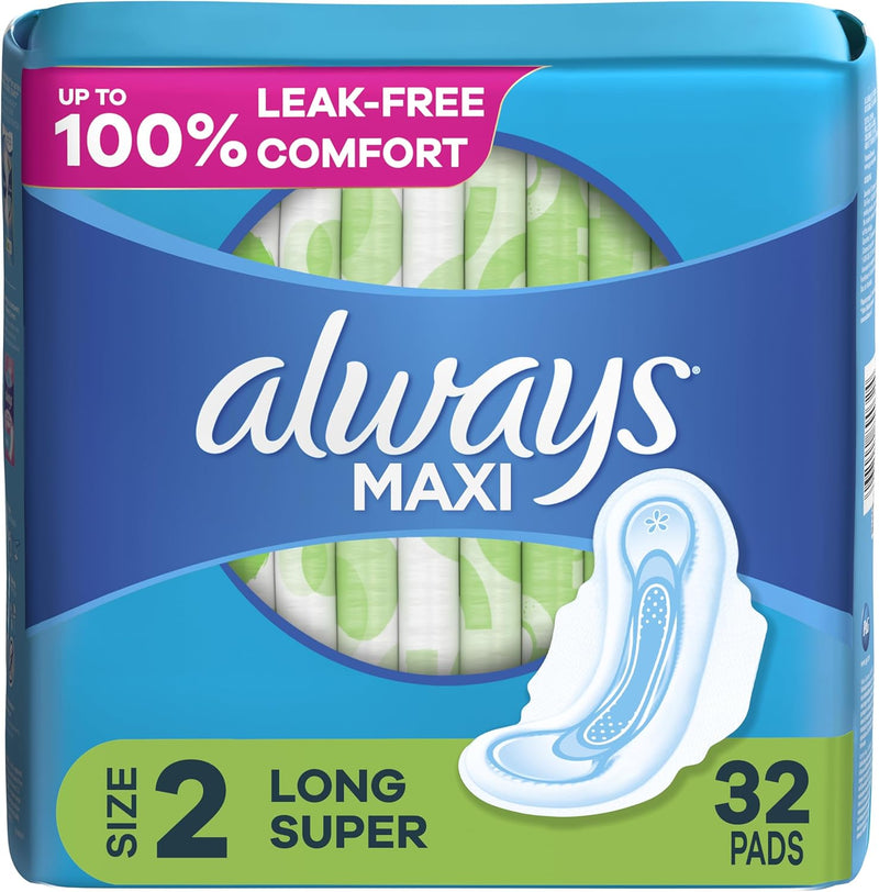 Always Maxi Feminine Pads with Wings for Women, Size 2, Long Super Absorbency, Unscented 60 Count