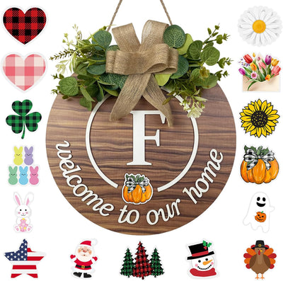 Interchangeable Seasonal Monogram Letter F Welcome Sign Front Door Decor Wooden Wreaths for Front Door Wreath Rustic Initial House Warming Porch Wall Home Decorations for All Seasons