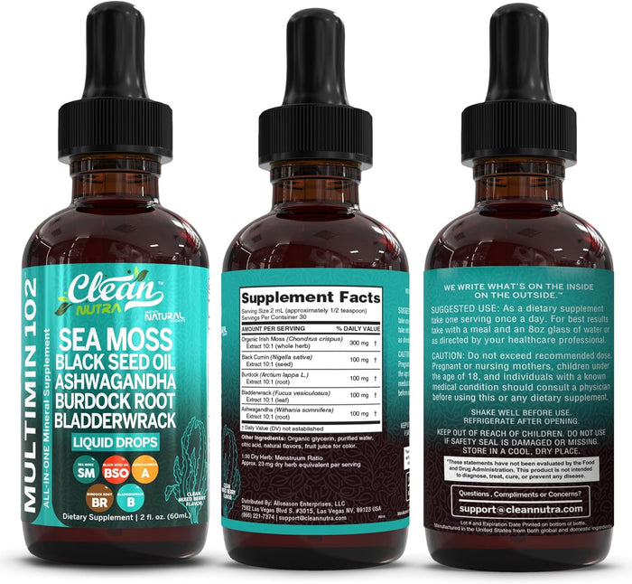 Clean Nutra Organic Sea Moss Drops Supplement | Black Seed Oil Irish Seamoss Ashwagandha Burdock Root & Bladderwrack - Multimineral Liquid Vegan for Gut Heath Energy Skin Immune Support & Hair