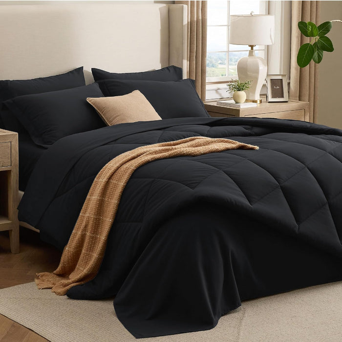 Bedsure 7 Pieces Queen Comforter Set Premium Series, Hotel Luxury Soft Bed in a Bag, Goose Down Alternative, Safe for Sensitive Skin Bedding Comforter All Season Medium Warmth, Black Queen Size,