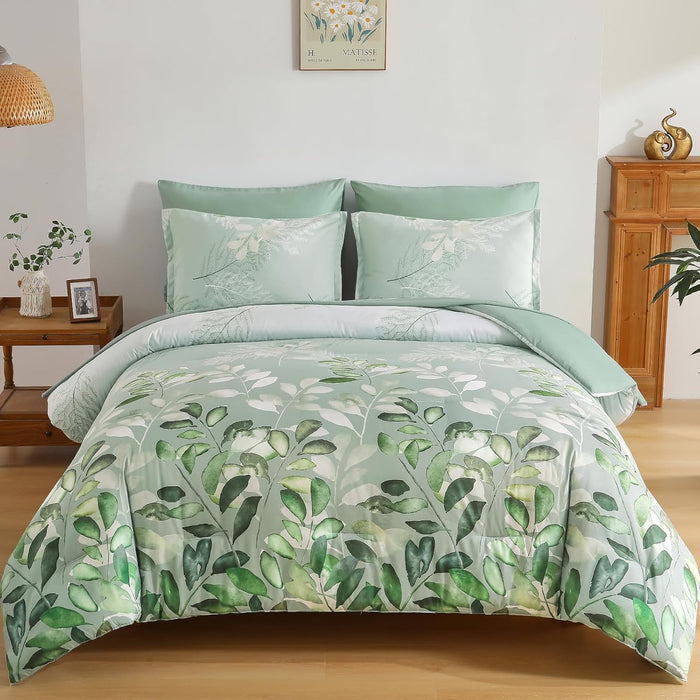 Blue Floral Comforter Set Queen Size 7 Piece Navy Botanical Gradient Leaves Ultra Soft Microfiber Down Alternative Bedding Set Lightweight Reversible Boho Bed Comforter Set for All Season 90" x 90"