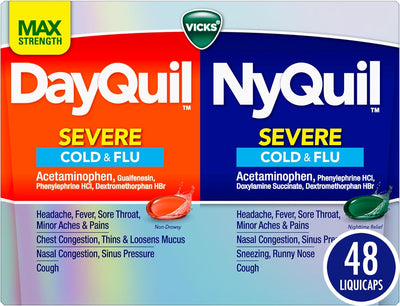 VICKS DayQuil & NyQuil SEVERE Co-Pack, Cold & Flu Medicine, Powerful Relief for Headache, Fever, Sore Throat, Minor Aches & Pains, Congestion, Sinus Pressure, Stuffy Nose, and Cough, 48 LiquiCaps