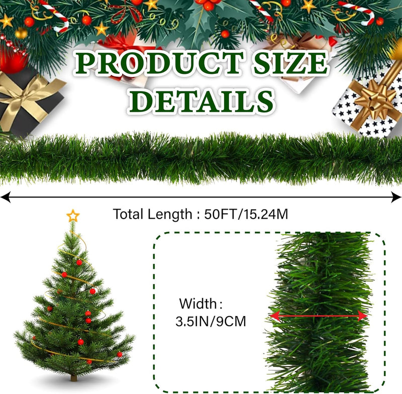 50FT Green Christmas Garland Decorations, Christmas Artificial Pine Greenery Garland Outdoor Indoor Decor, Straight Faux PVC Soft Garland for Stairs Railing Fireplace Window Mantle Home Party Decor