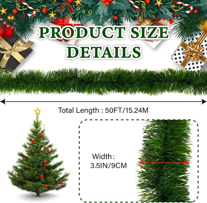 50FT Green Christmas Garland Decorations, Christmas Artificial Pine Greenery Garland Outdoor Indoor Decor, Straight Faux PVC Soft Garland for Stairs Railing Fireplace Window Mantle Home Party Decor
