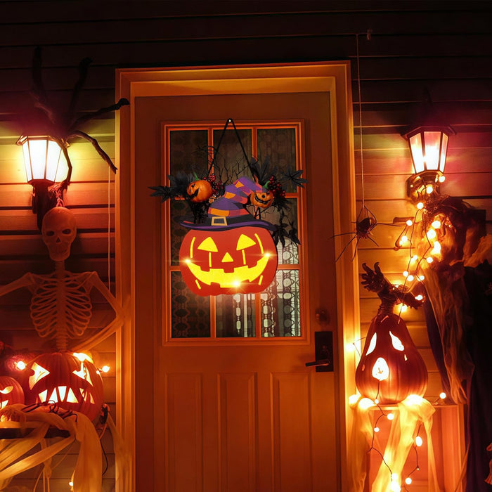 BlcTec Halloween Pumpkin Lights, 10 inch Lighted Big Halloween Wooden Pumpkin with Maple Leaves, Berries, Twigs, Witch's Hat, Battery Operated Lights with Timer for Halloween Decorations, Style A