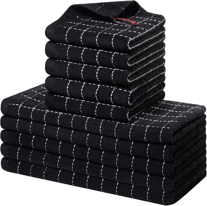Homaxy Kitchen Towels and Dishcloths Set, 12 x 12 and 13 x 28 Inches, Set of 8 Bulk Cotton Terry Kitchen Towels Set, Checkered Designed, Soft and Super Absorbent Dish Cloths, Black