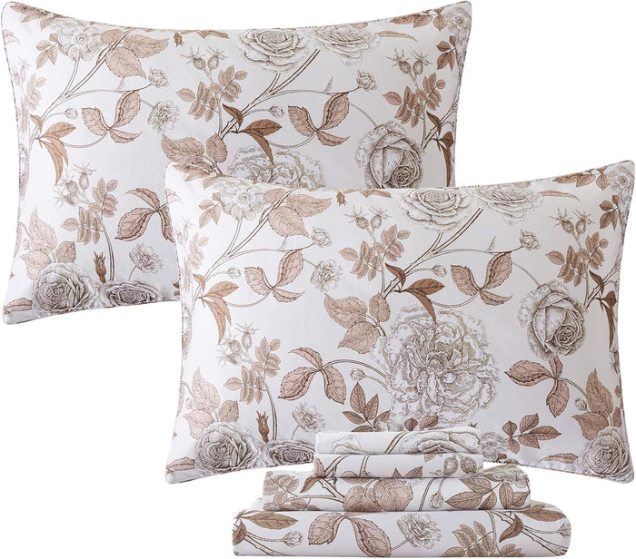 FADFAY Shabby Floral Bedding Elegant Peony Sheets Set Luxury Bedding Collections 100% Egyptian Cotton Deep Pocket, 4 Piece-King Size