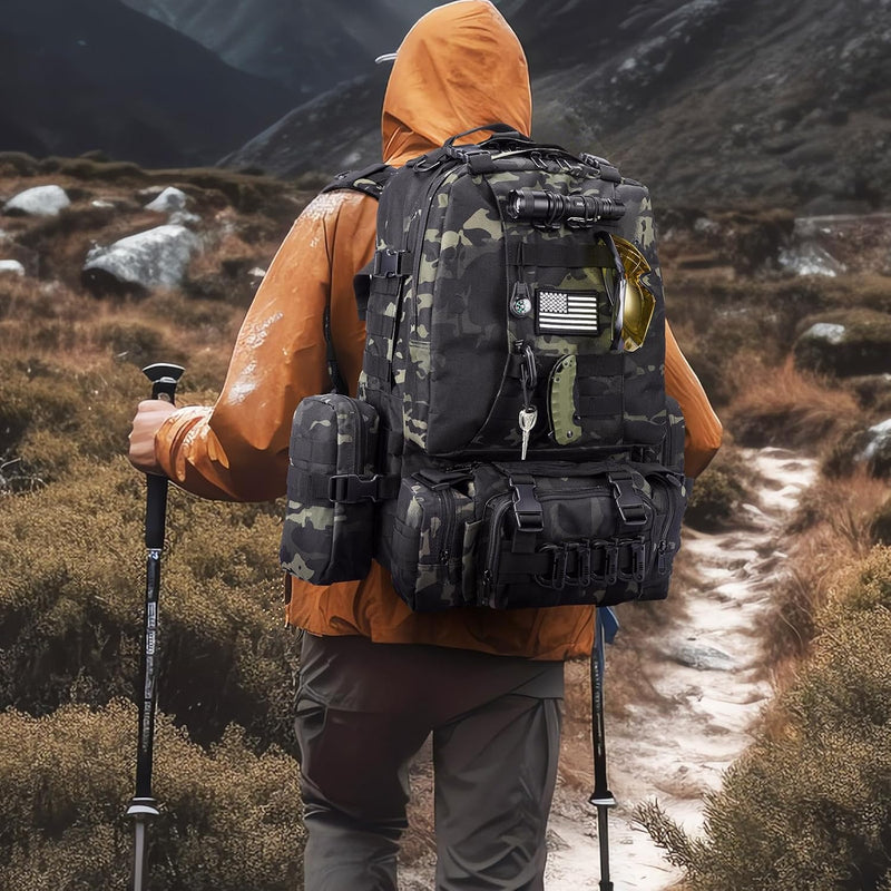 60L Tactical Backpack for Men, Large Military Backpack Army Assault Pack with D-Ring Molle Clips Compass Accessories, Bug Out Bag for Hiking Camping Hunting Detachable Rucksack, Black Camo