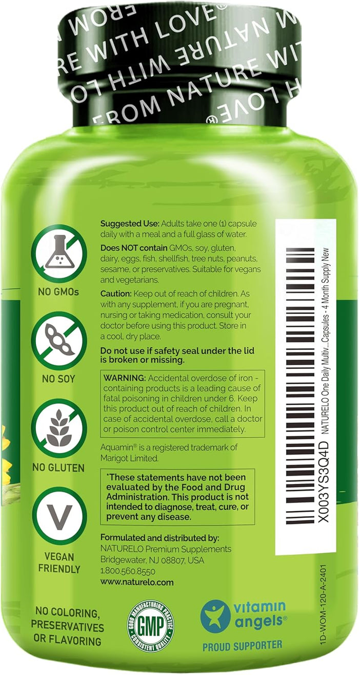 NATURELO One Daily Multivitamin for Women - Energy Support - Whole Food Supplement to Nourish Hair, Skin, Nails - Non-GMO - No Soy - Gluten Free - 120 Capsules - 4 Month Supply