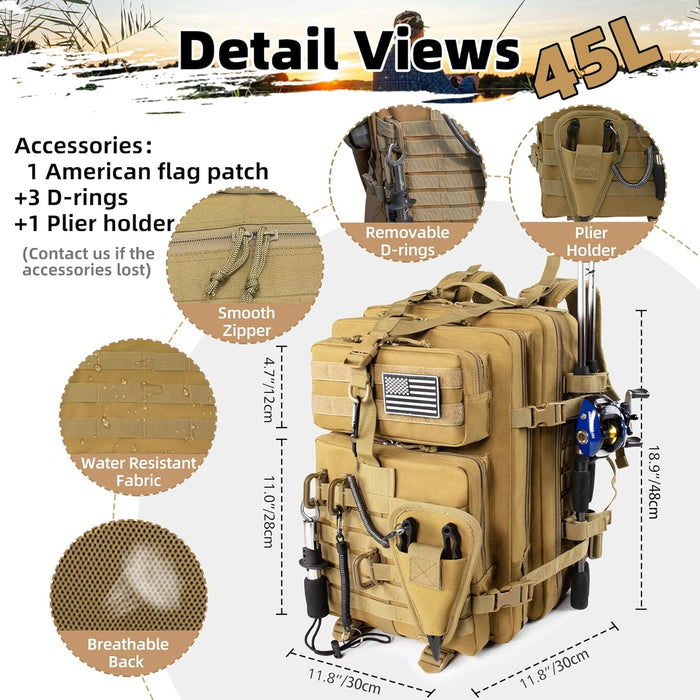 45l Large Fishing Tackle Backpack with Removable Plier Holder & Rod Holders, Khaki Tactical Bag, Fishing Gear and Tackle Box Organizer, Hiking Rucksack without Tackle Box