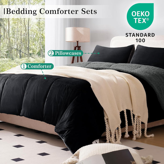 MERITLIFE Fluffy Sherpa Queen Size Bedding Comforter Sets Queen Comforter Set-3 Pieces Bed in a Bag Black Soft Comforter and Pillowcase Luxury Warm Bedding Set for Winter