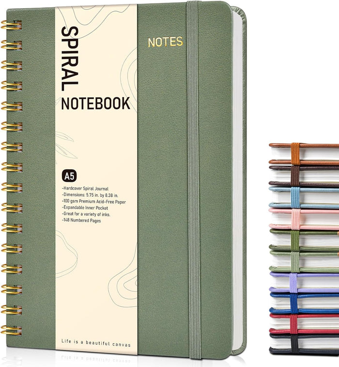 Lined Spiral Journal Notebook, A5 Hardcover Spiral Journals for Women Men, 150 Numbered Pages Spiral Bound Notebook, 100 GSM College Ruled Notebooks for Work, Note Taking 5.75" x 8.38", Olive Green