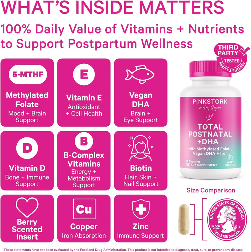 Pink Stork Total Postnatal Vitamins for Women – Berry Flavored Postpartum Multivitamin with Vegan DHA, Iron, Folate, B12 & Nutrients – Breastfeeding Support & Daily Wellness – 1 Month Supply