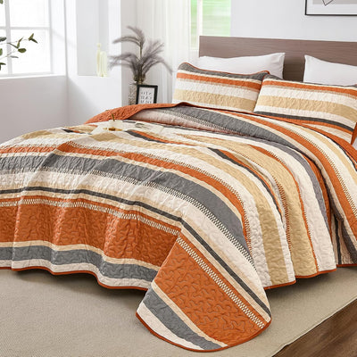 WONGS BEDDING Orange Queen Quilt, Striped Quilts Bedspread Set with Shams, Halloween Fall Coverlet Bedding Set for Bed 96"×90"