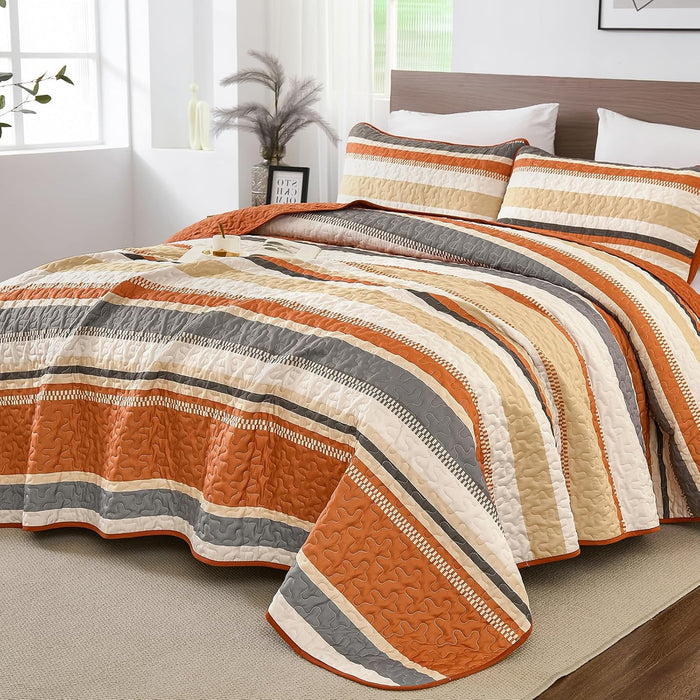 WONGS BEDDING Orange Queen Quilt, Striped Quilts Bedspread Set with Shams, Halloween Fall Coverlet Bedding Set for Bed 96"×90"