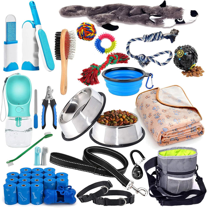 Puppy Supplies Starter Kit - 39-Piece Set of Puppy Essentials and Dog Stuff.Includes Dog Leash, Toys, Bowl, Brushes,and More.Perfect Welcome Home Present for Your New Puppies-Pink