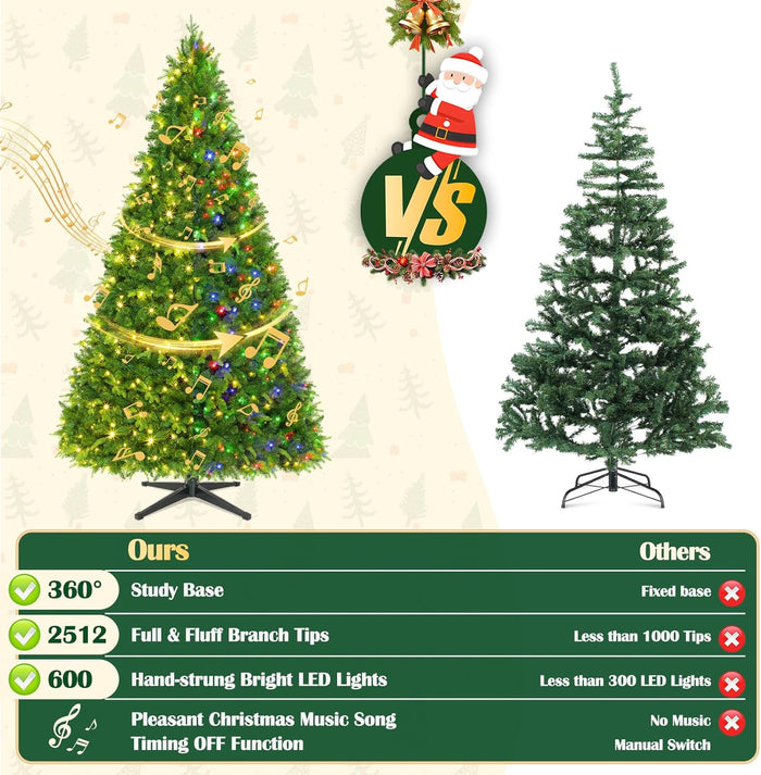 9FT Pre-Lit Rotating Artificial Christmas Tree, Deluxe Green PE & PVC Xmas Tree with Remote, Multicolor Musical LED Lights Strip with Flash Modes, Holiday Home Decor