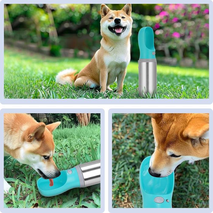 Portable Dog Water Bottle, 14 OZ, Stainless Steel Leak Proof Puppy Water Dispenser with Drinking Feeder for Pets Travel, Walking, Hiking and Outdoor Activities