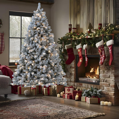 ELONG HOME Christmas Tree, 7.5ft Prelit Christmas Tree with 10 Modes Colorful Lights, UL Listed Flocked Realistic Artificial Snowy Christmas Trees for Home/Office