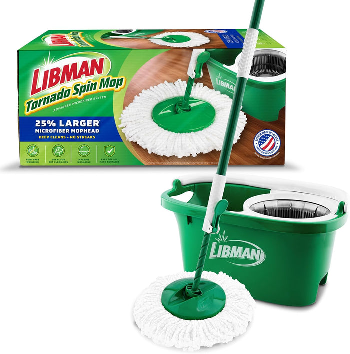 Libman Tornado Spin Mop System with 2 Refill Heads, Microfiber Spinning Mop and Bucket with Wringer Set for Home, Floor Cleaning of Hard-Wood, Laminate, Tile, All Surface Cleaner, 3 Total Mop Heads