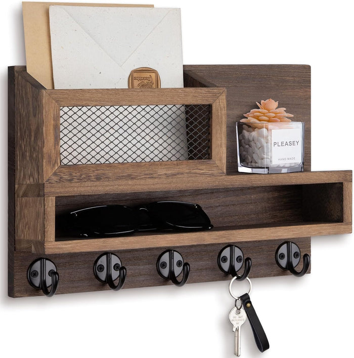Key and Mail Holder Wall Mount, Key Hanger with Long Storage Box and 5 Hooks for Coat, Dog Leash, Home Decor Rack, House Accessories, Entry Way Organizer 11.8”W x 7.8”H x 3.2”D