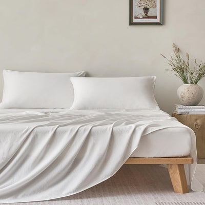 JELLYMONI Sheet Set King Size 4pcs Cotton Cream White Easy-Fit 16 Inch Deep Pocket 100% Washed Cotton Soft Breathable (1 Fitted Sheet, 1 Flat Sheet, 2 Pillowcases)