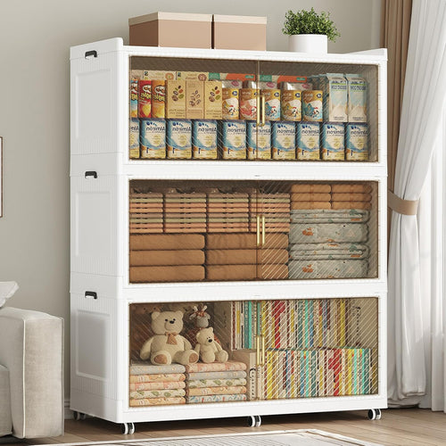 150GAL Extra Large Stackable Storage Bins with Lid, 600QT Plastic Closet Organizer and Storage Cabinet with Wheels and Doors, Folding Storage Box Container for Home Organization, 3Pack White